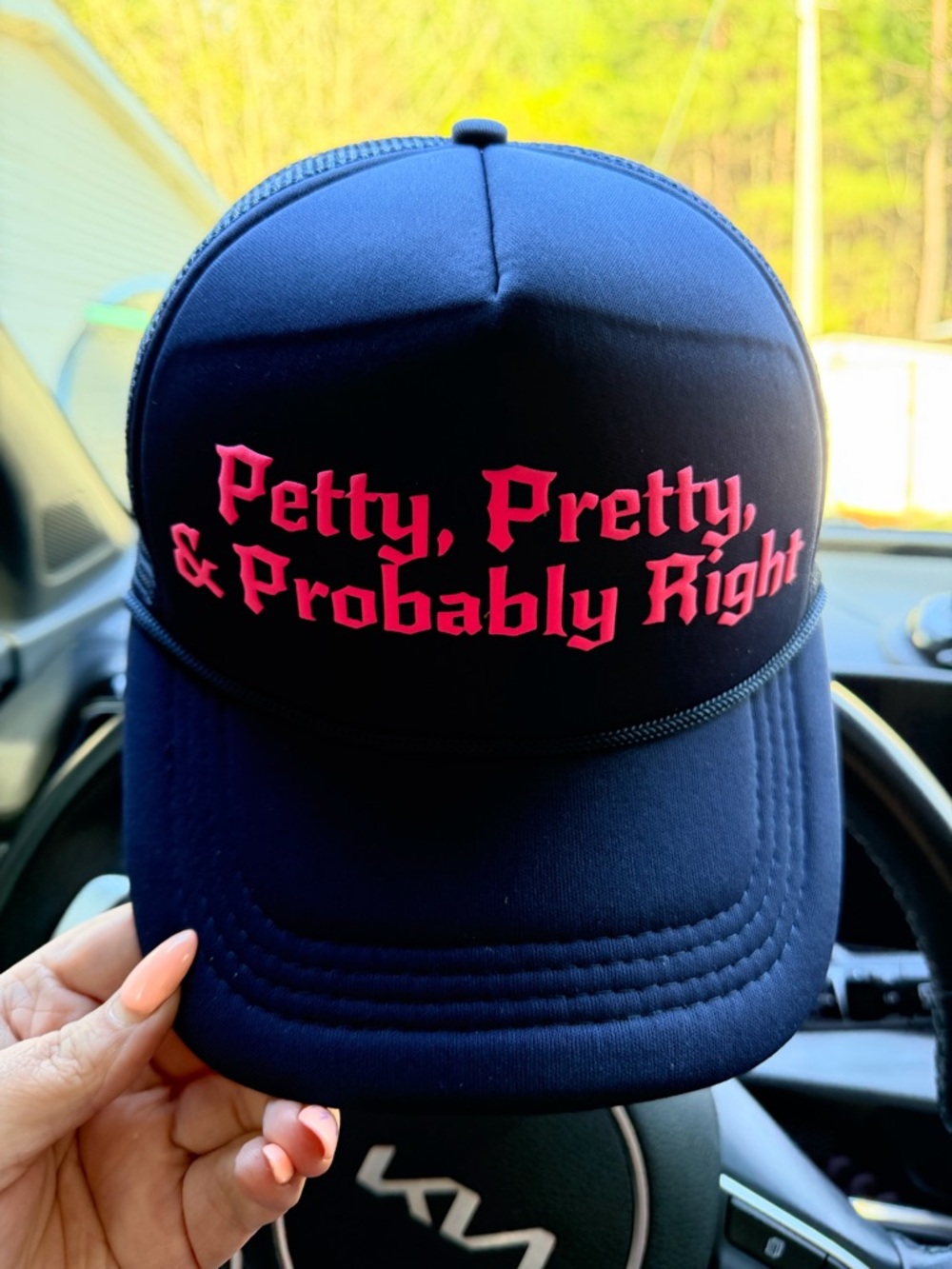 Trucker Hat with "Petty, Pretty, & Probably Right" Text - Black & Pink
